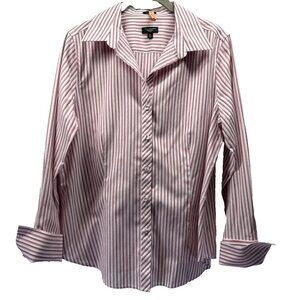 Talbots Women's Top Blouse Sz 10 P Petite Pink White Stripe Wrinkle Free Button